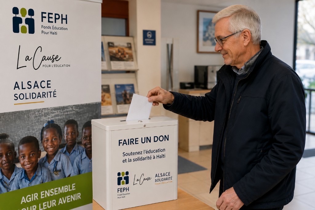 Homme souriant glissant une enveloppe blanche dans une boîte de don blanche libellée « FAIRE UN DON » et « Soutenez l'éducation et la solidarité à Haïti », avec les logos FEPH, La Cause et Alsace Solidarité ; bannière verticale à côté : mêmes logos, photo d'enfants en uniforme scolaire bleu et bandeau « Agir ensemble pour leur avenir »